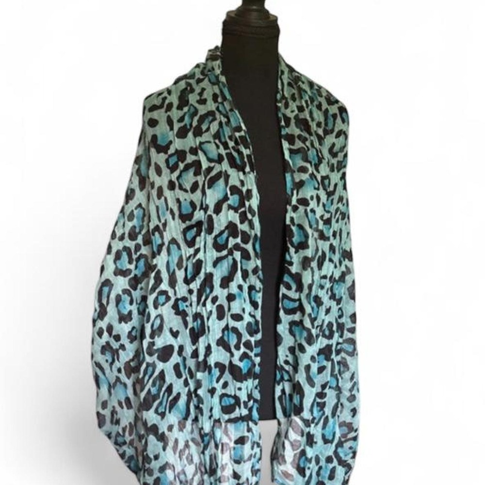 Y2K Blue Leopard Cheetah Scarf Sheer Black Animal Print Wrap 60x25